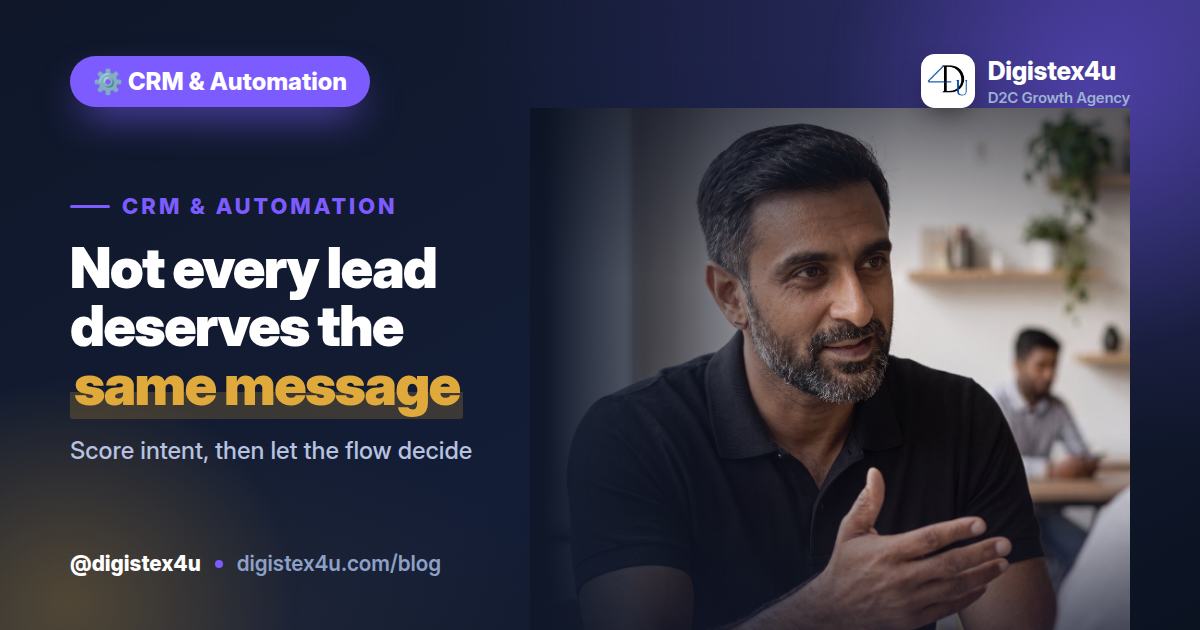 A lead scoring model built for D2C, not B2B — score intent from WhatsApp opt-ins, carts and quizzes, then route each contact to the right flow and offer.