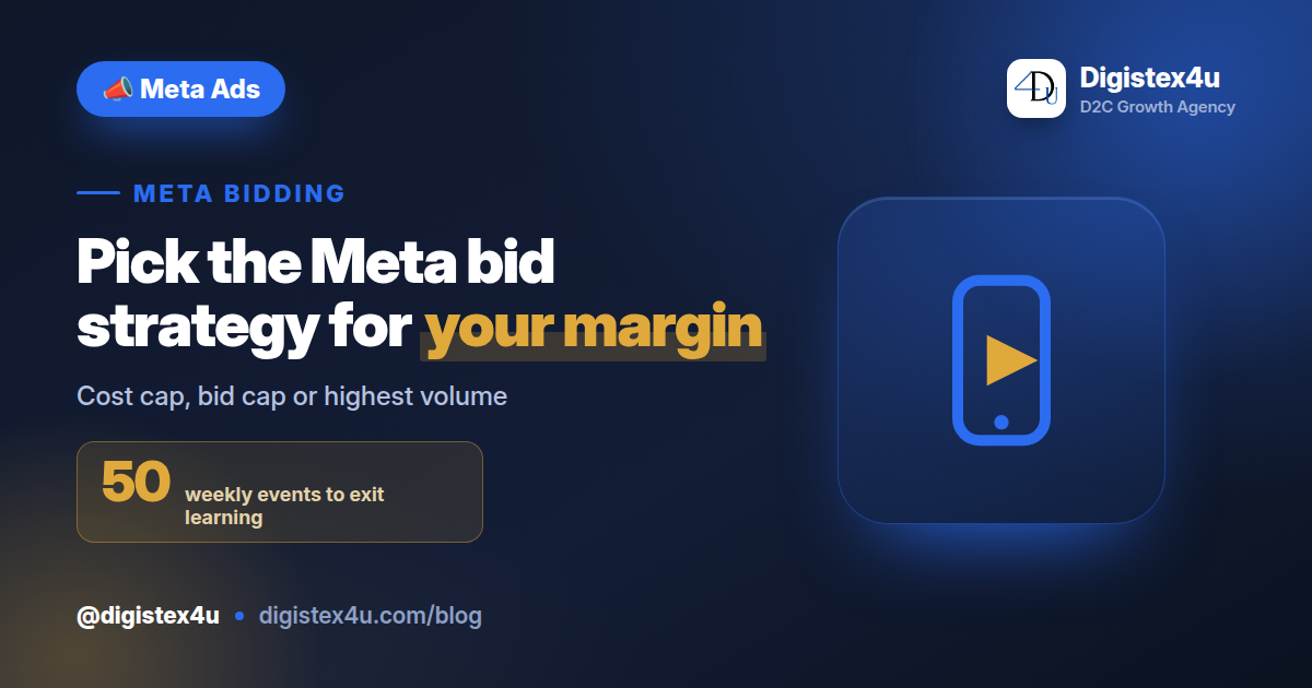 Cost cap, bid cap, highest volume or ROAS goal — a plain-English guide to picking the Meta bid strategy that matches your D2C margins instead of guessing.