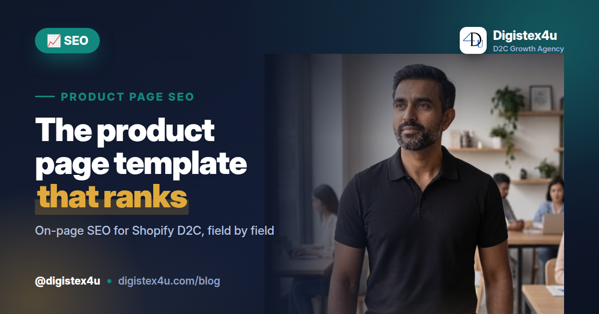 A field-by-field product page SEO template for Shopify D2C brands: title tags, descriptions, FAQ blocks and internal links that rank and earn AI citations.